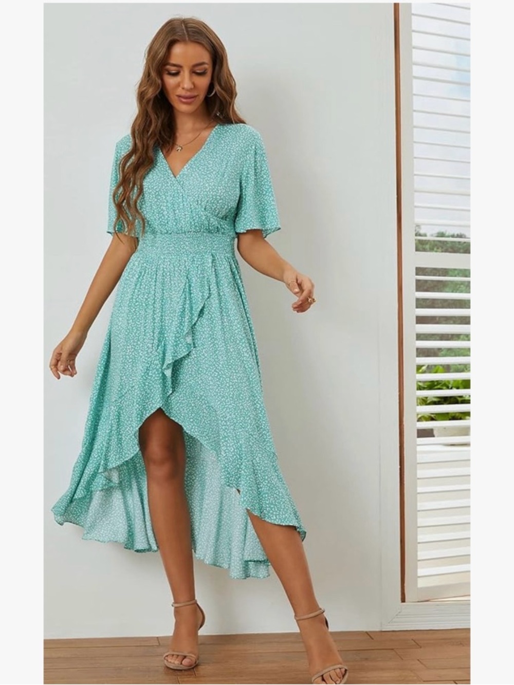 Mint Green High-Low Wrap Dress with Flutter Sleeves